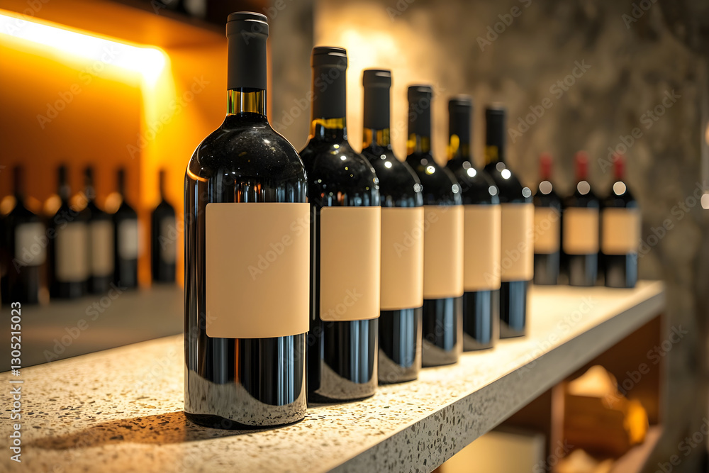 Aufkleber collection of wine bottles with blank labels arranged on a counter. generative ai.