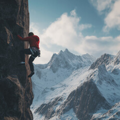 A person rock climbing a steep cliff face with a majestic snow-capped mountain range in the background.