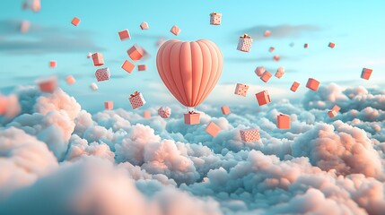 Obraz premium Heart-shaped hot air balloon floats amid gift boxes in a cloud-filled sky