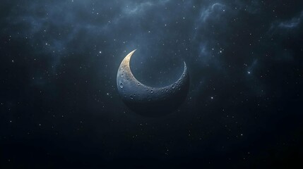 Fototapeta premium Celestial Crescent: A mesmerizing view of a crescent moon against a dramatic, starlit night sky, evoking a sense of wonder and the mysteries of the cosmos.