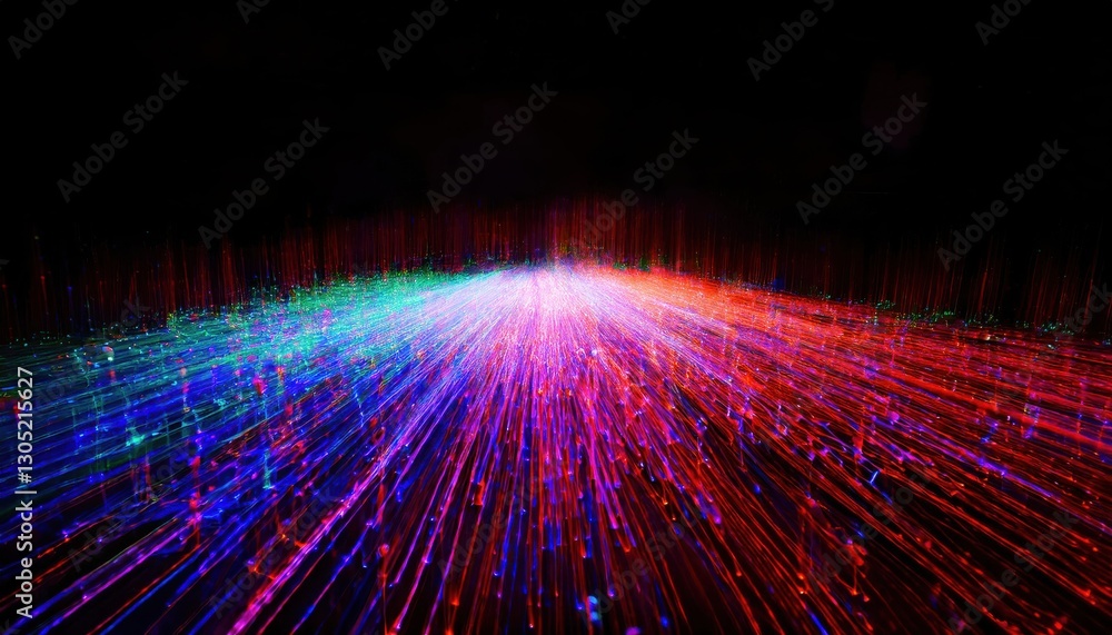 Poster vibrant light burst with multicolored streaks radiating from a central point, creating a dynamic futuristic speed effect

