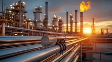 Industrial refinery with steel pipelines at sunset and flames in the background