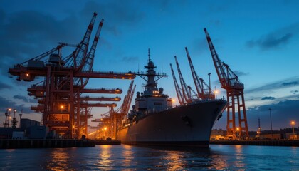 Fototapeta premium Industrial cranes load cargo containers onto a ship at the bustling port