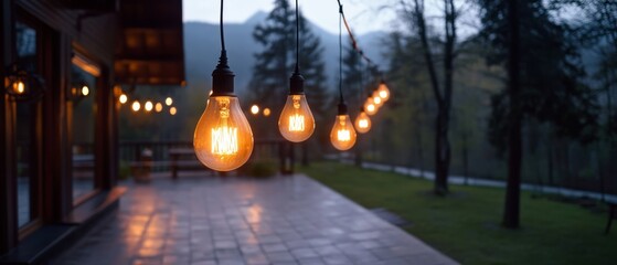 Strings of glowing bulbs illuminate a quiet patio, surrounded by trees, capturing an inviting warmth and intimate ambiance in the evening.