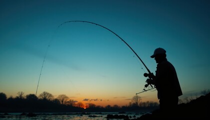 A silhouette of a boy fishing with a rod at sunset on the lake captures a moment of leisure and relaxation