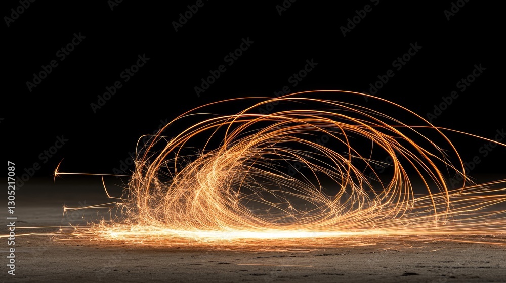 Poster sparks fly actively in a circular pattern, illuminating the darkness with their bright and captivati
