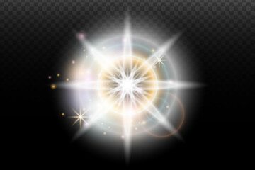 Light flash effect with flares and glow on a transparent background. Magical glow, shining light, star, optical flares for design, photomontage, New Year, and festive projects.