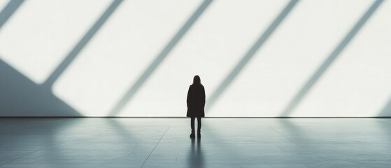 A solitary figure stands in a vast, minimalist space bathed in geometric shadow patterns, evoking introspection and solitude.
