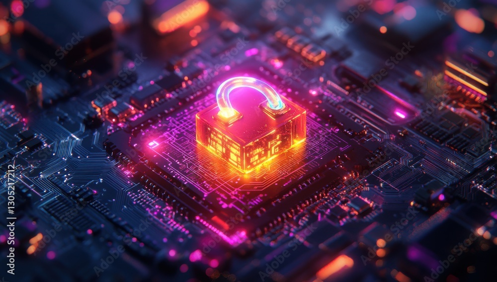 Aufkleber futuristic digital lock symbol on circuit board with neon lights representing cybersecurity and data