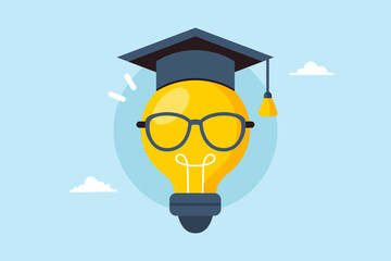 Flat illustration genius bright lightbulb wearing eyeglasses and graduation cap symbolizing knowledge and creativity