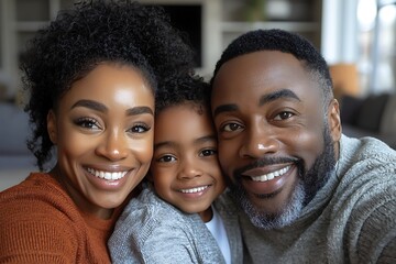 Happy family selfie, home living room