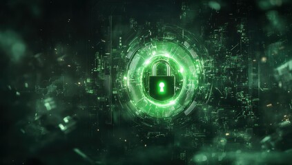 Obraz premium Futuristic digital lock symbol on green background surrounded by abstract technology patterns and data, representing cybersecurity and data protection concepts