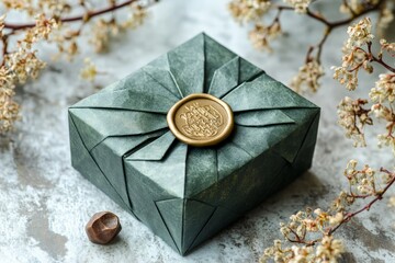 Decorative green gift box with wax seal placed among dried flowers on textured surface