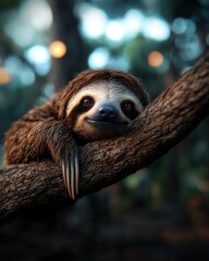 Fototapeta premium Adorable Sloth Relaxing on a Tree Branch with a Gentle Smile Amidst Lush Green Foliage