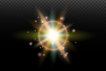 Light flash effect with flares and glow on a transparent background. Magical glow, shining light, star, optical flares for design, photomontage, New Year, and festive projects.