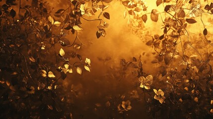 Atmospheric wallpaper with golden vines and botanical details in warm glow