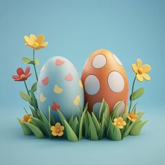 A cartoon-style icon of two Easter eggs with flowers on the grass in pastel colors.