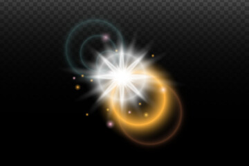 Light flash effect with flares and glow on a transparent background. Magical glow, shining light, star, optical flares for design, photomontage, New Year, and festive projects.