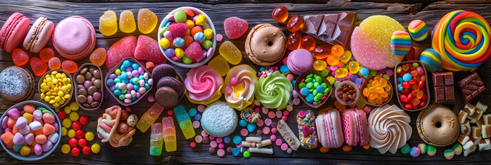 Obraz premium Colorful Assortment of Sweets and Candies on Rustic Wooden Table