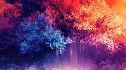 Surreal wallpaper with inverted forest glowing leaves and neon sky backdrop