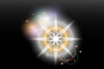 Obraz premium Light flash effect with flares and glow on a transparent background. Magical glow, shining light, star, optical flares for design, photomontage, New Year, and festive projects.