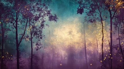 Mystical wallpaper with radiant violet trees and golden glows in a misty sky