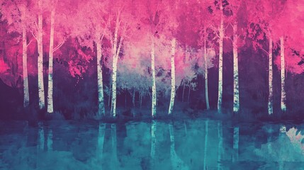 Abstract forest backdrop with glowing ultraviolet leaves and pastel effect