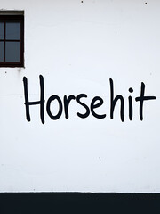 White wall with black paint inscription horseshit on it