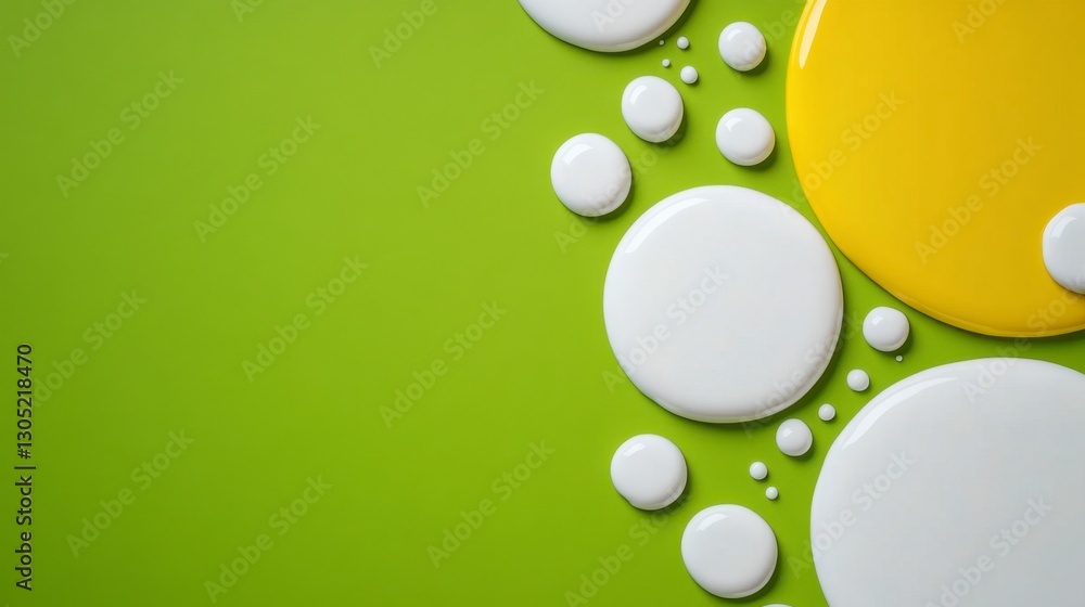 Poster abstract image featuring white and yellow paint blobs of varying sizes on a green background. the co