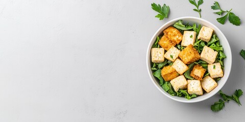Healthy Tofu Salad Bowl with Fresh Greens and Herbs on a Grey Background, Healthy Eating