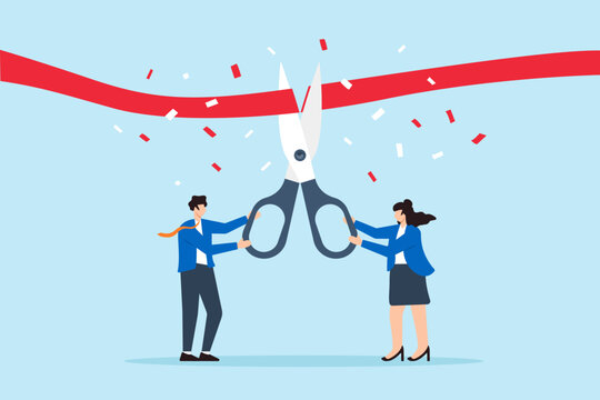 Flat illustration businessman and businesswoman hold scissor cut red ribbon with confetti symbolizing launch new company