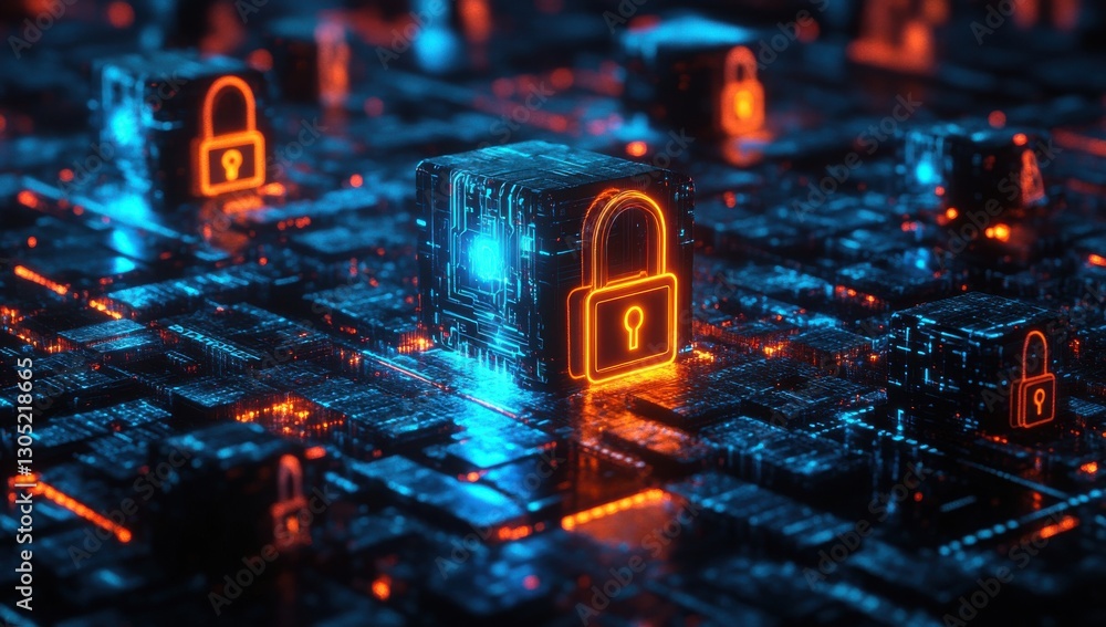 Poster futuristic digital lock with bright neon glow on cyber background representing data security and pri