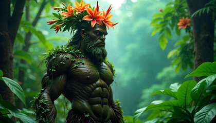 Fototapeta premium Black man with beard wears leaves on muscular body while surrounded by tranquil forest environment.