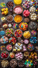 Colorful Assortment of Sweets and Candies on Rustic Wooden Table