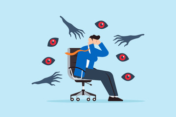 Flat illustration paranoid businessman sit on chair surrounded creepy hand and eye symbolizing anxiety