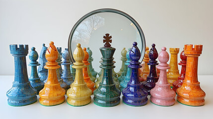 Colorful chess pieces, magnifying glass, strategic reflection
