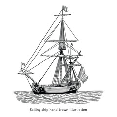Sailing ship illustration. Vintage sailing ship hand drawn illustration in engraving style. Vintage sailing ship drawing