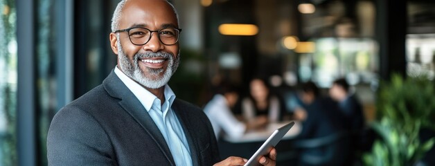 Man stands with a tablet in hand, smiling at the camera as a team works together at a table in the background