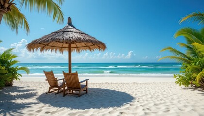 Obraz premium A tropical paradise with sun-kissed sand, swaying palm trees, and a shaded umbrella invites ultimate beach relaxation