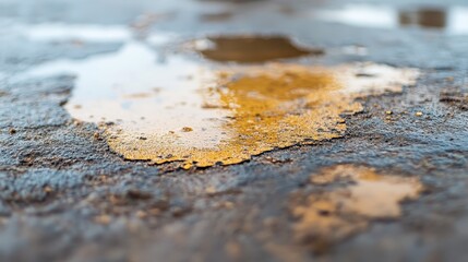 Close up of a Puddle on Rough, Wet Ground with Golden Reflections