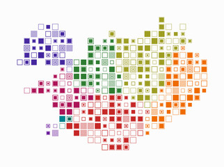 Iceland, shape of the country built of colored cells. Digital style map of Iceland on a white background. Large size square blocks. Artistic vector illustration.