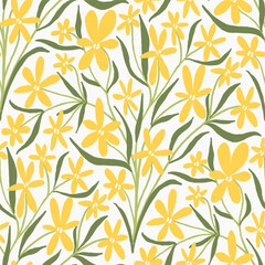 Tender floral seamless pattern with yellow flowers and green leaves. Elegant fresh spring blooms print on white background. Fabric, paper design. Easter, birthday.