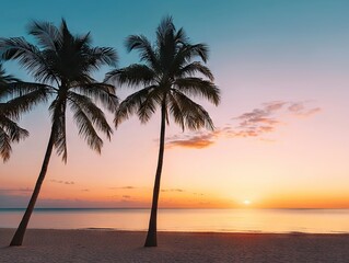 Sunset serenity tropical beach scene with palm trees coastal environment peaceful viewpoint relaxation concept