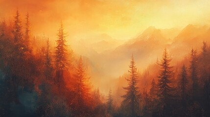 Naklejka premium Atmospheric mountain forest background with golden light and misty landscape