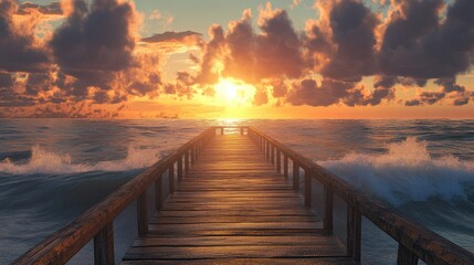 Obraz premium A wooden fishing pier at sunrise with soft waves