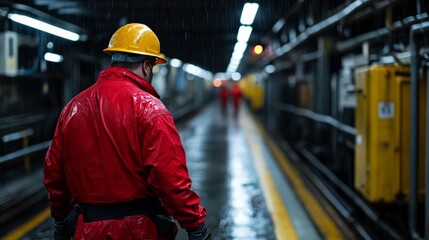 Industry Worker's Journey: A worker in safety gear strides through a dimly lit industrial setting, the long tunnel ahead implying progression and industrial dedication