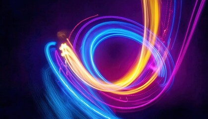vibrant neon light trails in dynamic motion, abstract energy waves of blue, pink, and yellow on a dark background for digital art and modern design

