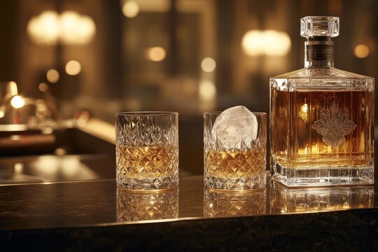 Elegant whiskey served at a luxurious bar with vintage decor during the evening hours