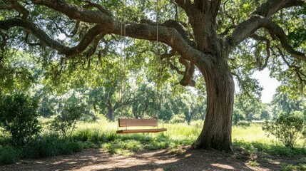 A wooden tree swing hanging from a large oak tree
