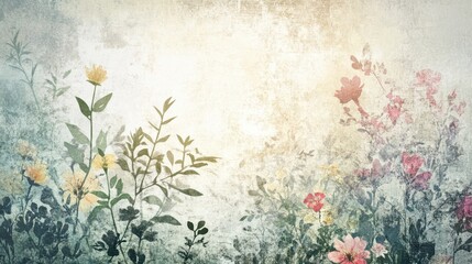 Artistic floral backdrop with cut-out botanical elements and vintage-stamped paper